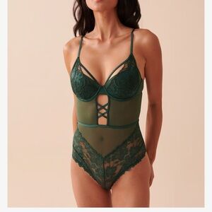 La Vie En Rose Deep Green Lace Bodysuit